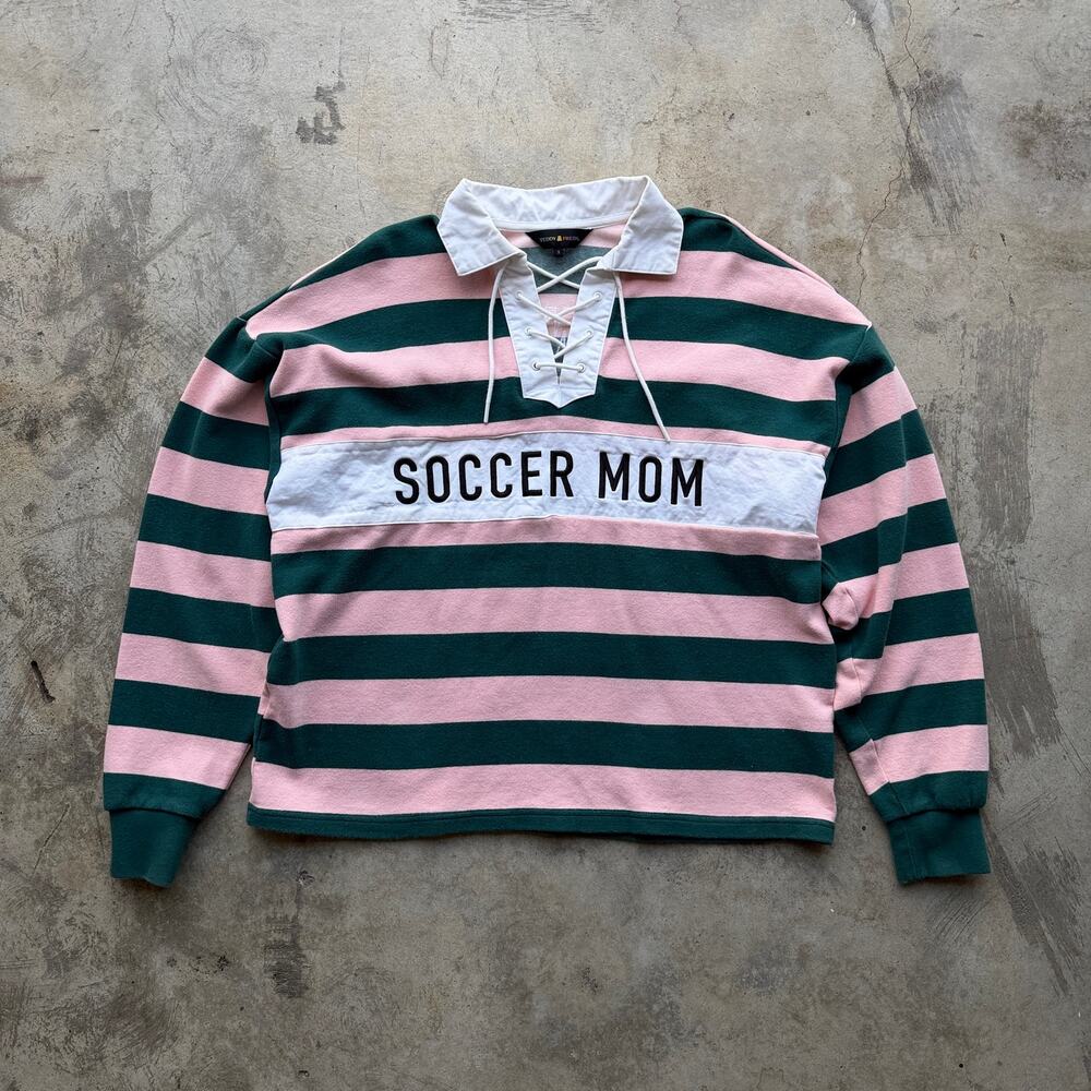 Teddy Fresh Soccer Mom Rugby Shirt Pink Green Cropped Small